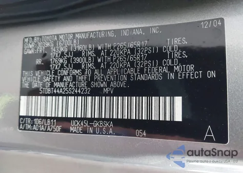 2005 Toyota Sequoia Sr5 V8 z USA, uszkodzony, nr VIN 5TDBT44A25S244232